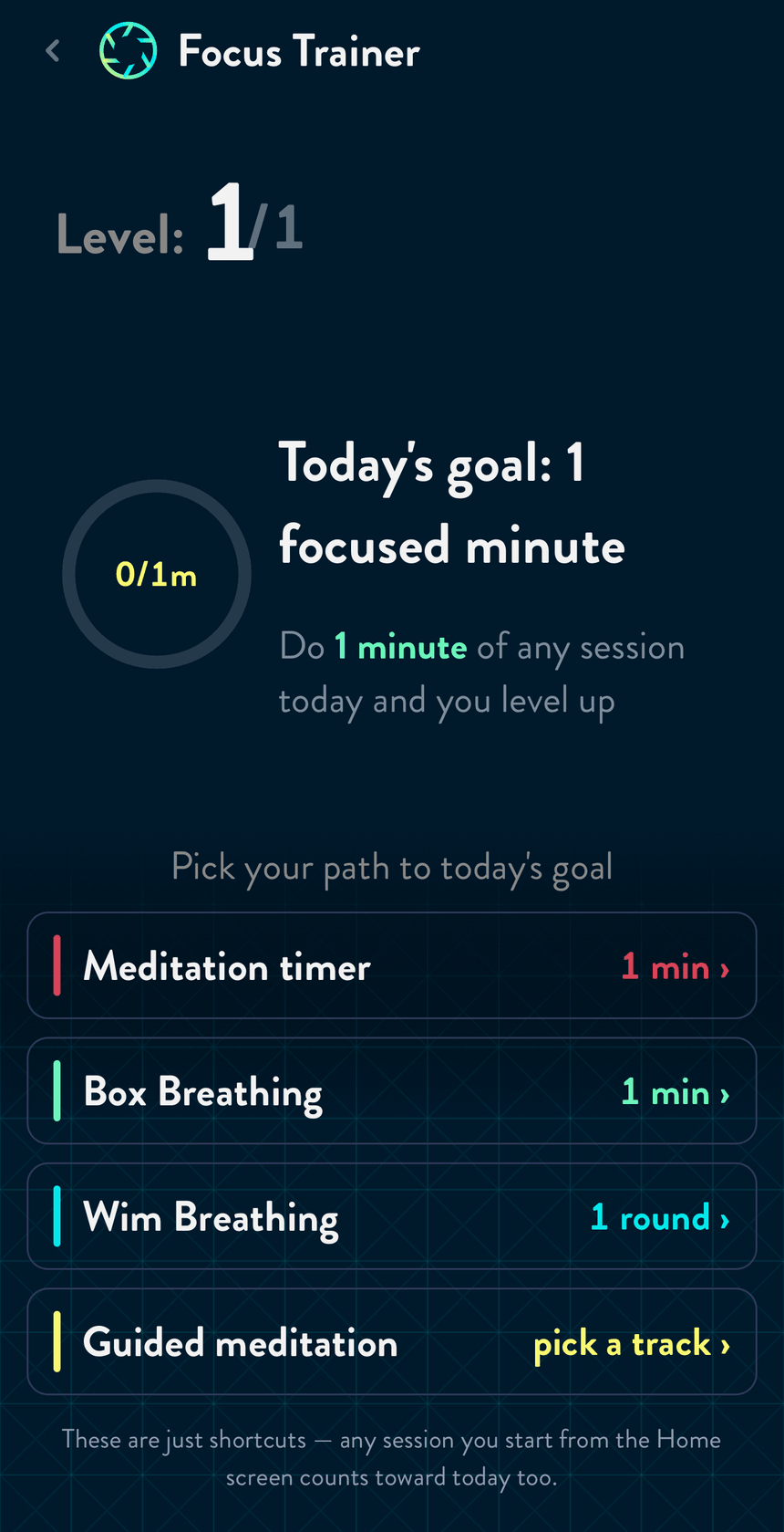 The Focus Trainer — today's goal, your level, and one-tap sessions